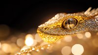 Macro shot of golden snake head with water drops and bokeh effect on dark background. Reptile eye detail with scales showing mysterious predator nature.