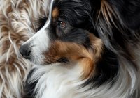 Close-up profile portrait of tricolor Australian Shepherd dog showing distinctive facial markings, soft fur texture, and alert expression against blurred background.