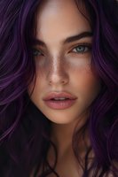 Young woman with purple hair, freckles, and blue eyes in dramatic close-up portrait. Natural makeup, full lips, and soft lighting create mysterious atmosphere.