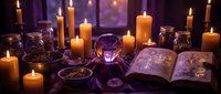 Mystical altar setup with glowing crystal ball, lit candles, open spell books, and occult symbols on dark surface for witchcraft, spirituality, and esoteric practices.