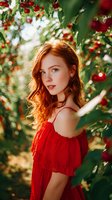Young woman with red hair in off-shoulder red dress standing among cherry trees in orchard. Natural summer portrait with soft sunlight filtering through leaves.