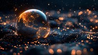 Glowing planet Earth with golden light effects and sparkles against dark space background, showing illuminated continents and cosmic atmosphere.
