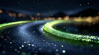 Glowing curved light trails with sparkles against dark background, creating magical atmosphere with bokeh effect and shimmering particles in motion.