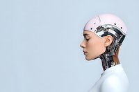 Side view of female android with exposed mechanical neck and head components wearing white against light background, illustrating artificial intelligence concept.