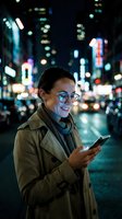 Young woman of East Asian descent wearing glasses and a tan jacket, smiling while using smartphone on illuminated city street at night for urban lifestyle and technology concepts.