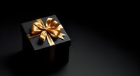 Black gift box with golden ribbon bow on dark background, luxury present for holidays, celebrations, and special occasions.