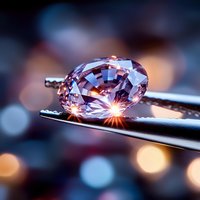 Pink oval cut gemstone held in tweezers with light reflections and bokeh background, luxury jewelry detail macro photography for gemology and diamond trade.