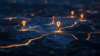 Glowing location pins connected by illuminated paths on dark city map background, representing global connectivity and navigation network systems.