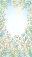 Soft watercolor floral border frame with pastel green leaves and delicate flowers, copy space center for text, cards, invitations, and social media.