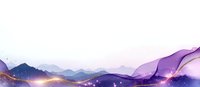 Ethereal mountain landscape in purple and gold watercolor with flowing ink texture and glowing particles against misty peaks at sunrise.