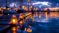 Glowing lanterns create magical reflections on water surface at dusk, with blurred city lights and marina in background creating atmospheric evening ambiance.
