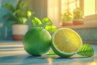 Fresh lime cut in half with whole lime and green leaves on sunlit windowsill, soft morning light creating warm atmosphere. Natural vitamin C concept.