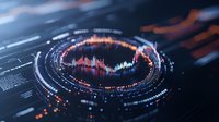 Futuristic circular data visualization with glowing orange and blue elements on dark background showing dynamic analytics and statistics interface.