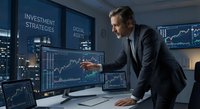Professional businessman analyzing financial data on multiple screens in modern office environment for investment strategy planning and market research.
