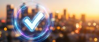 Digital checkmark icon with glowing neon circles floating over blurred city skyline at sunset. Business approval, verification and success concept.