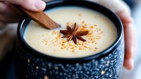 Creamy spiced latte with star anise and cinnamon in black ceramic mug held by hands, warm beverage for cozy moments and seasonal comfort drinks.