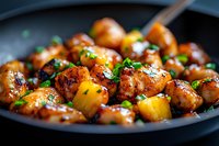 Roasted golden potatoes with herbs and spices in black pan, garnished with fresh chopped parsley. Close-up view of crispy, caramelized edges and seasoned surface.