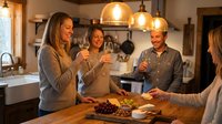 Diverse group of friends toasting with wine glasses at wooden kitchen table during evening gathering, enjoying food and celebration together in warm home setting.