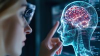 Young female scientist interacting with holographic human head projection showing detailed brain structure and neural networks in futuristic laboratory setting.