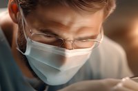 Male medical professional wearing protective face mask and glasses focused intently on procedure, captured in warm lighting with shallow depth of field.