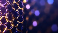 Glowing golden hexagonal molecular structure with purple and blue bokeh background creates futuristic scientific atmosphere for technology presentations.
