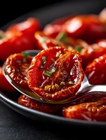 Sun-dried tomatoes with herbs and olive oil on black ceramic plate, macro food photography showing texture and glossy surface of marinated Mediterranean appetizer.
