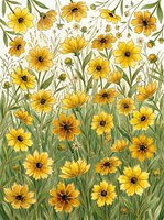 Watercolor yellow wildflower meadow with daisies and green stems on white background. Botanical floral pattern for spring summer designs and nature decor.