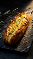 Golden baked bread boat filled with melted cheese and fresh herbs on dark slate board. Artisan comfort food for restaurant menus and culinary content.