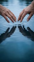 Two hands gently touching calm water surface, creating ripples and reflections. Concept of harmony, mindfulness, and connection with nature.