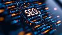 Search engine optimization concept with magnifying glass focusing on SEO text against digital code background in blue technology pattern.
