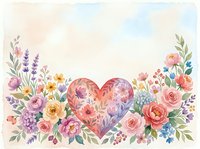 Watercolor floral heart arrangement with roses, lavender and wildflowers on soft pastel background, copy space for greeting cards.