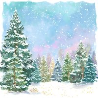 Watercolor winter forest landscape with snow-covered pine trees against dreamy blue and pink sky background, perfect for holiday designs.