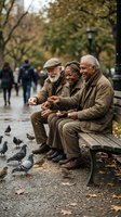 Three diverse senior friends laughing together on park bench feeding pigeons during autumn day, showcasing friendship and active aging lifestyle.