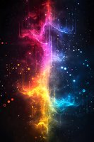Vibrant cosmic nebula with glowing red, pink, yellow and blue colors against dark space background, featuring luminous particles and vertical light streams.