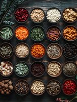 Variety of colorful dried herbs, spices, seeds, legumes, and superfoods in ceramic bowls arranged on dark wooden background, top view culinary composition.