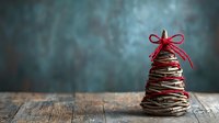 Rustic Christmas tree made from stacked wooden slices tied with red ribbon bow on weathered wood table against textured blue wall background for holiday decor.