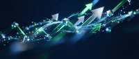 Abstract digital network with glowing green and blue arrows showing upward growth trend and data flow connections on dark background for business analytics.