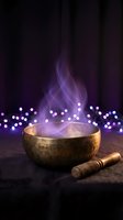 Golden singing bowl with purple smoke and wooden mallet on dark fabric with bokeh lights creating mystical atmosphere for meditation and wellness practices.
