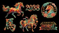 Colorful Chinese zodiac horse set with 2038 year text, floral ornaments, and lucky symbols, isolated on transparent background for stickers, sublimation, t-shirt design.