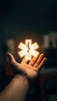 Hand holding glowing medical star symbol with serpent staff, representing healthcare, emergency services, and medical assistance for hospital and wellness concepts.