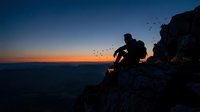 Silhouetted male hiker sitting on rocky cliff edge at sunset, watching birds fly over expansive landscape below during golden hour, conveying solitude and contemplation.