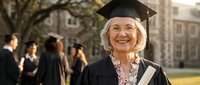 Senior Caucasian woman in graduation cap and gown smiling proudly at university campus ceremony with fellow graduates in background celebrating achievement.