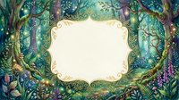 Enchanted forest frame with magical trees, glowing lights and mystical foliage creating ornate border for text or design elements.