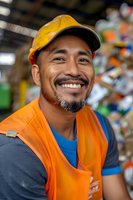 Asian male worker in safety vest and hardhat smiling confidently at recycling facility. Professional portrait showing genuine happiness and job satisfaction.