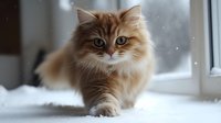Fluffy ginger Persian cat with bright green eyes sitting on windowsill during winter snowfall, creating cozy domestic atmosphere for seasonal greeting cards.