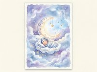 Watercolor sleeping newborn baby on a cloud with crescent moon and stars in a dreamy pastel sky, nursery art print.
