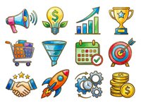 Marketing megaphone with dollar sign lightbulb, growth chart, trophy, shopping cart, sales funnel, calendar, target, handshake, rocket, gears, and coins isolated on white background for business and success designs.