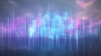 Abstract digital wave pattern with glowing blue and pink light effects against dark background, featuring vertical lines and ethereal atmospheric elements.
