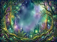 Enchanted forest frame with glowing magical lights, mystical trees, and ethereal aurora sky. Fantasy woodland border with luminous foliage for fantasy art, book covers, and creative designs.