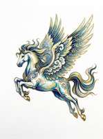 Ornate winged horse in blue and gold, isolated on transparent background. Great for stickers, t-shirt design, print on demand, sublimation, and clipart.